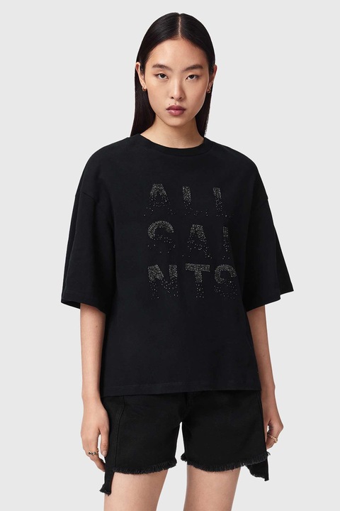 AllSaints, Tricou din bumbac cu broderie logo cu margele, Negru