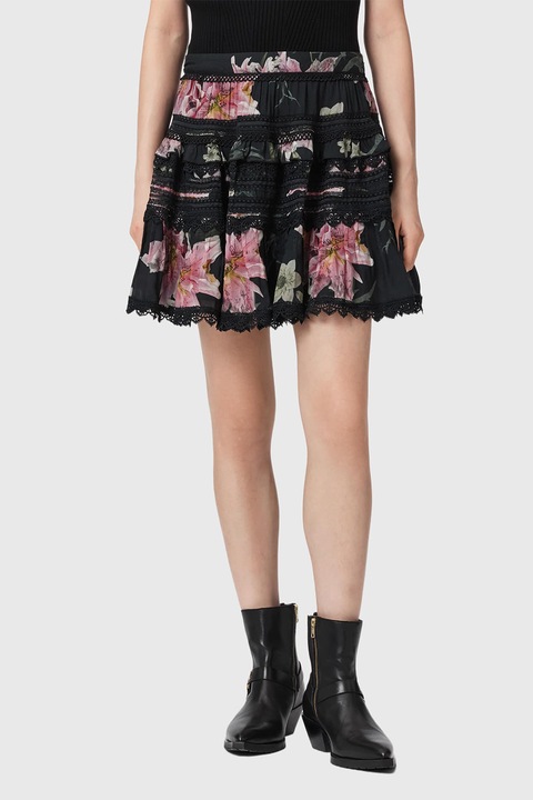 AllSaints, Fusta evazata din amestec de modal cu model floral si insertii brodate, Negru/Roz