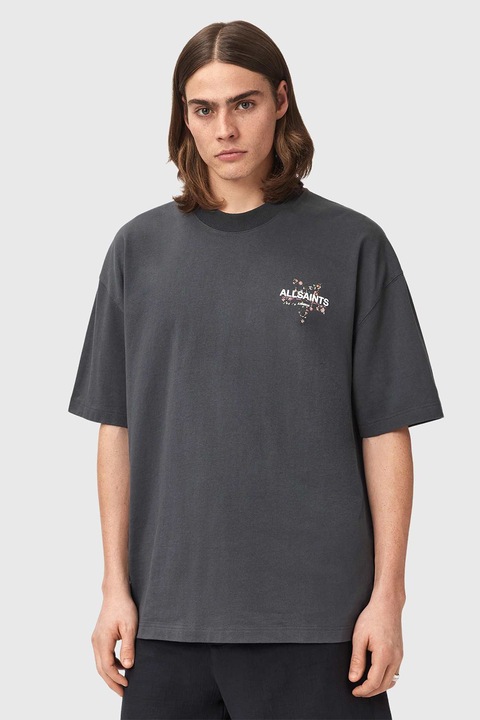 AllSaints, Bő fazonú logós póló, Fehér/Sötétszürke
