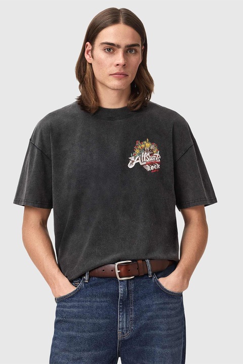 AllSaints, Bő fazonú mintás póló, Élénkpiros/Antracitfekete