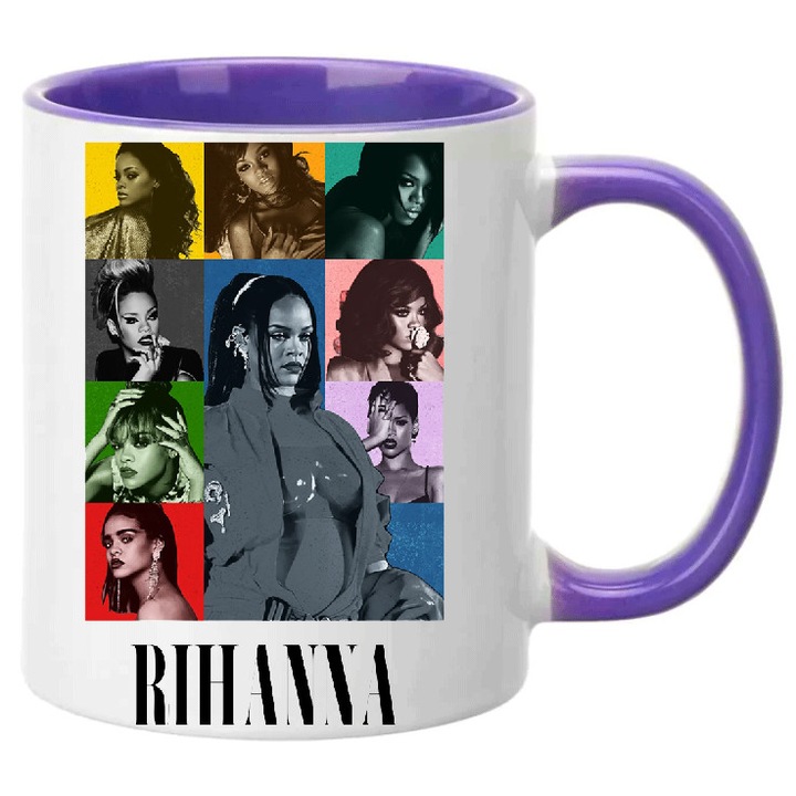 Cana ceramica Rihanna No7, 330ml, alb si mov, design Nob, rezistenta la masina de spalat, capacitate ideala pentru bauturi calde