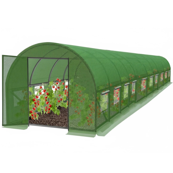 Тунелна градинска оранжерия 500x1000x200 см, PE фолио 140г/м2 UV4, 10 сегмента, 20 прозореца, врата с метална рамка и панти, 50 кв.м, зелена