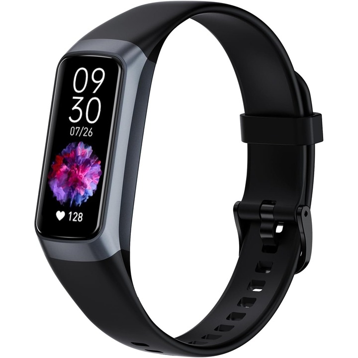 Okosóra fizikai aktivitás monitorozásához, 24/7 pulzus- és alvásfigyelés, vér oxigéntelítettség monitorozás, több mint 20 edzésmód, 1,1 hüvelyk, lépésszámláló, iOS és Android kompatibilis, IP67, fekete