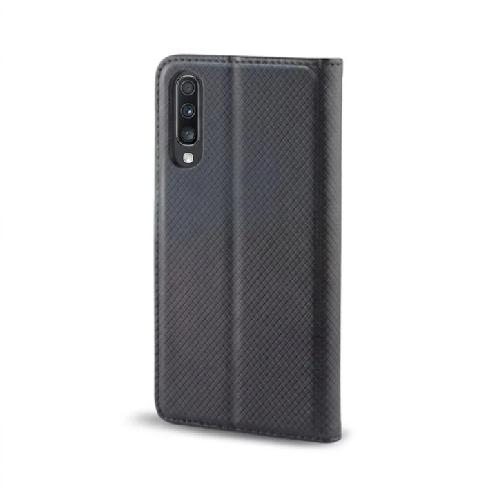 Husă tip carte pentru Samsung Galaxy A70, Skyddar, Neagră, set cu sticker, închidere magnetică, TPU