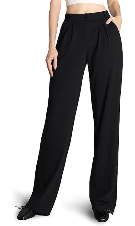 Pantaloni dama largi eleganti SAFORT, talie elastica cu pliuri si bucle pentru curea, material moale si elastic, buzunare, ideali pentru birou, tinute casual si stil business modern, Negri, Lungime, Negru