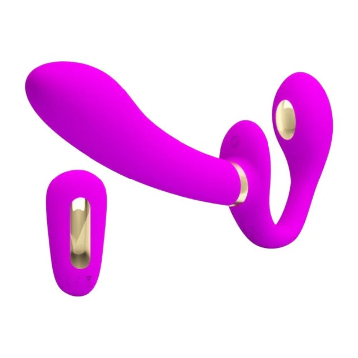 Vibrator dublu PRETTY LOVE Thunderbird, strap-on fara ham, 3 functii de electrosoc, control prin telecomanda, roz, 22.5 cm