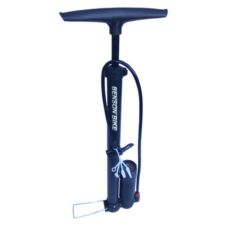 Pompa de bicicleta cu picior BENSON, din aluminiu, cu manometru, universala pentru toate valvele, 7 bar / 100 PSI, inaltimea de 56 cm