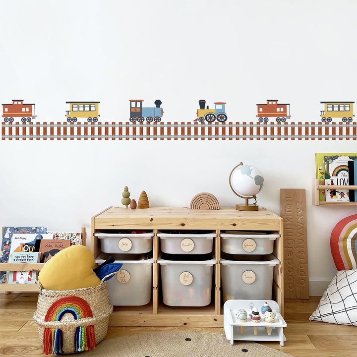 Bordură autoadezivă Funlife 10cm x 200cm, Cai Ferate, PVC, pentru cameră copii, set 4 coli