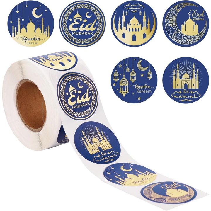 Stickere decorative Eid Mubarak, 600 buc, Albastru-Auriu, 3.80cm, autocolante autoadezive