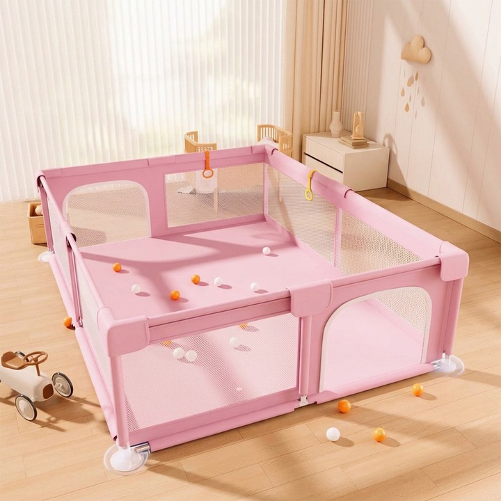 Tarc de joaca bebelusi sau copii Destello®, metal si plasa textila, Roz, 1.3 x 1.3 m