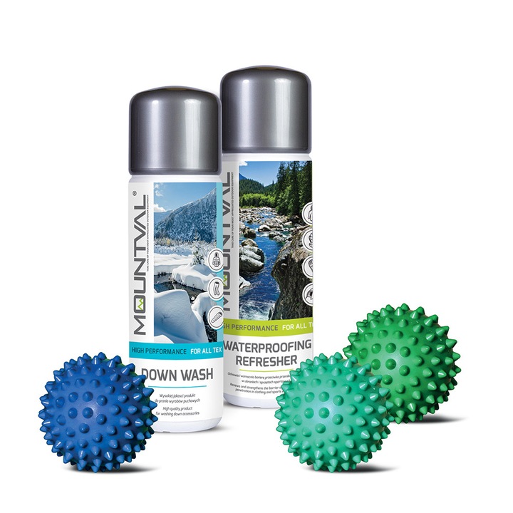 Set de curatare si impregnare pentru imbracaminte din puf Mountval, 300 ml, 3 bile de uscare