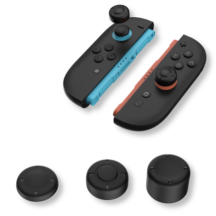 Set 6 capace din silicon pentru joystick Joy-Con Nintendo Switch 2, YAXO, Thumbstick, 3 dimensiuni, Antialunecare, Confort sporit, Negru Techno