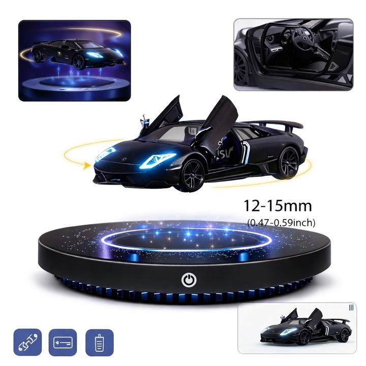 Masinuta magnetica levitanta 360°, Lamborghini Murcielago, cu macheta metalica si LED, decor futurist premium pentru birou, gadget de lux cu levitatie electromagnetica, rotatie automata, cadou exclusivist pentru pasionatii de masini, tehnologie si design