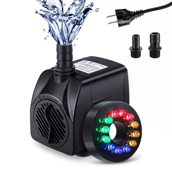 Pompa submersibila cu LED, AFKSMILE, 12 lumini colorate, 800 L/H, 15W, Inaltime de pompare 1.55m, Pentru rezervor de pesti, iaz, statuar, hidroponie, ABS, 7.2x5.4x6.3cm, Negru