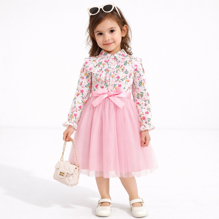 Rochie Eleganta Fetite Roz cu Imprimeu Floral Dania - 7-8 ani