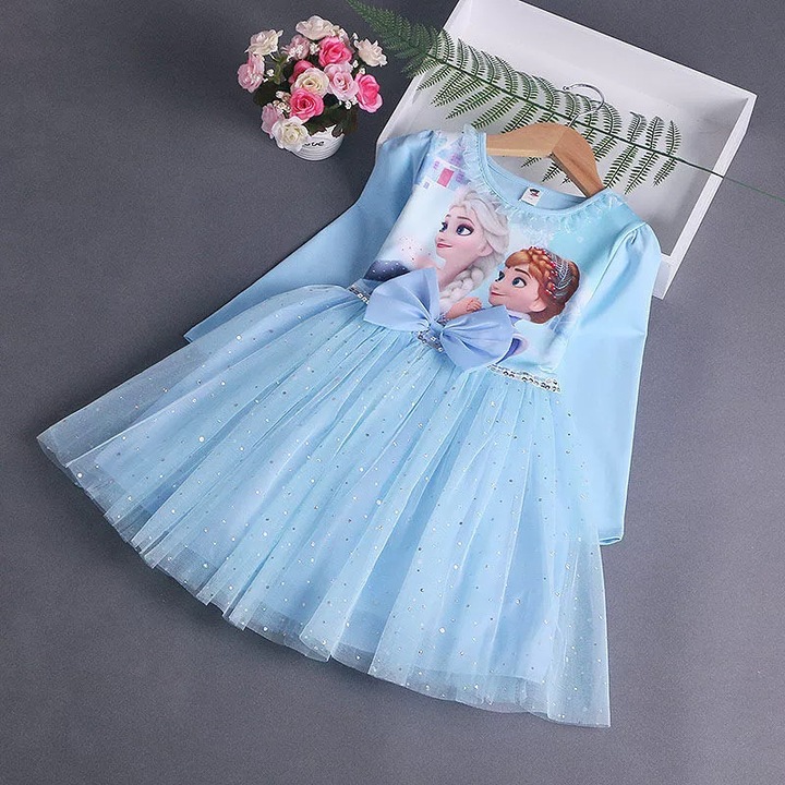 Rochie Fetite Albastra cu Printese Cassandra maneca lunga - 3-4 ani