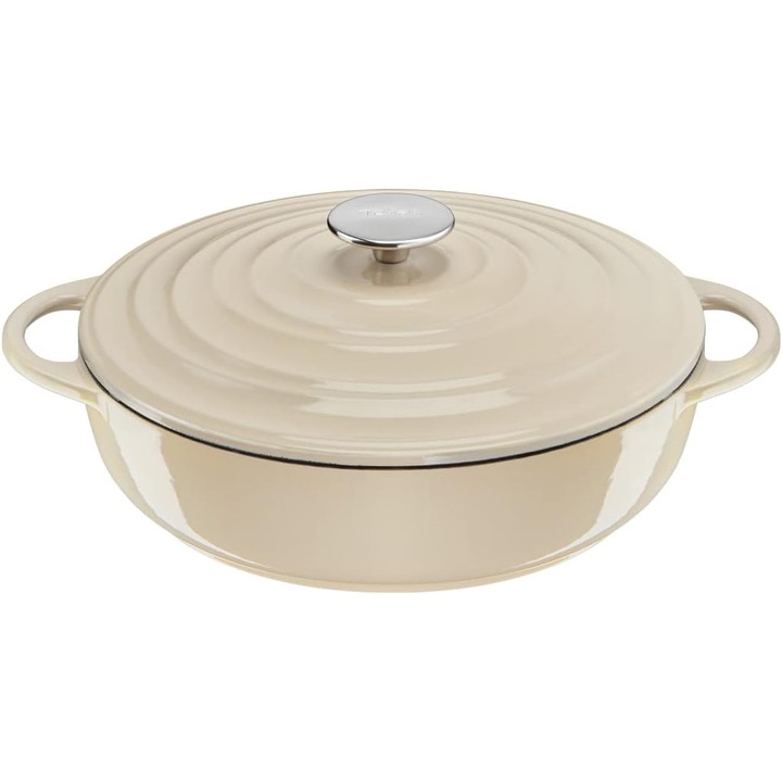 Tefal LOV – Tigaie 28 cm din Fonta Emailata, 3.8L, Pentru Gatit Lent si Servire, Compatibila Inductie si Cuptor 250°C, Bej