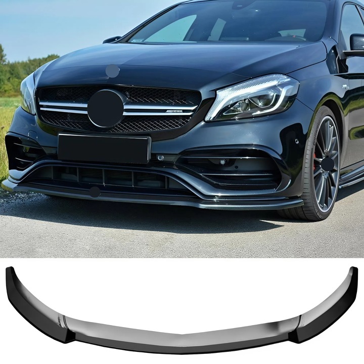 MERCEDES A-osztály AMG-Line W176 Facelift 2015-2018 Első Splitter, Fényes Fekete ABS Műanyag Sport Design, Könnyen Felszerelhető