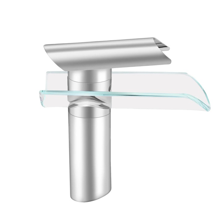 Baterie pentru lavoar, gura tip cascada din sticla, argintiu, monocomanda, design modern