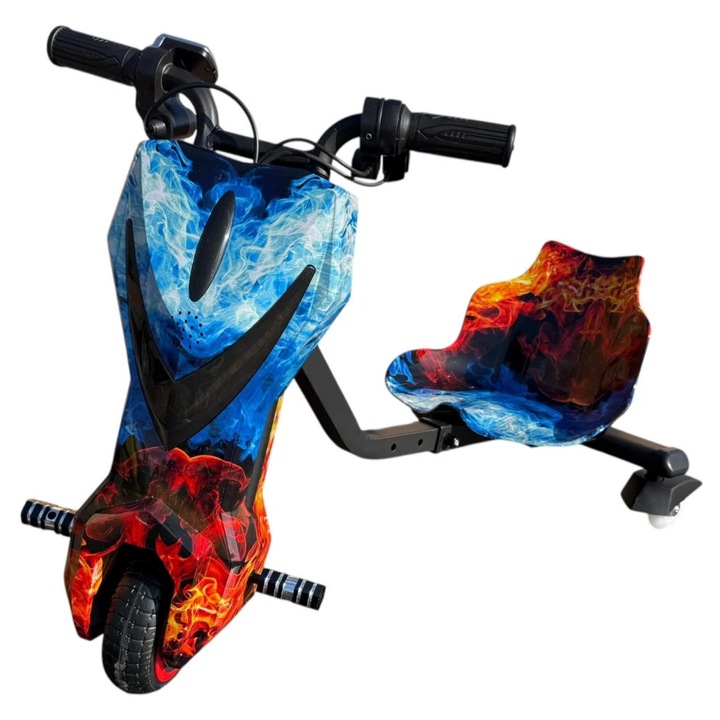 Tricicleta electrica PENDAN pentru drifturi 360, motor 250 W, 15 KM/H, 4400 mA, 36 V, 158, 4 Wh, 8 inch, Display LED si Conexiune Bluetooth, Cadru Reglabil, 3 viteze, lumini pe roata si frontal, Ice fire