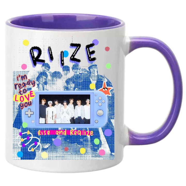 Cana ceramica Riize Kpop Boy Band No5, 330ml, alb si mov, design Noc, lavabila la masina de spalat, capacitate ideala pentru bauturi calde