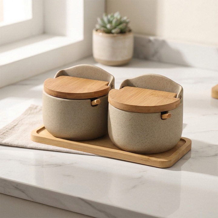 Set 2 recipient condimente din ceramica Destello® cu lingura, Usor de utilizat, modern, Bej, 11 x 22.8 cm