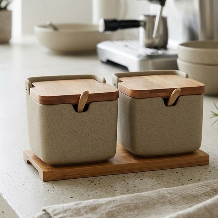 Set 2 recipient condimente din ceramica Destello® cu lingura, Usor de utilizat, modern, Gri, 11 x 22.8 cm