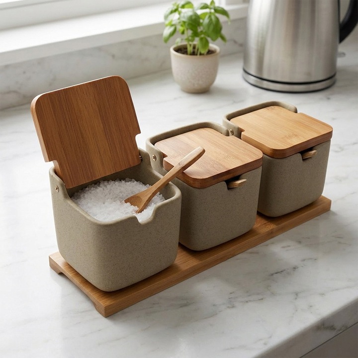 Set 3 recipient condimente din ceramica Destello® cu lingura, Usor de utilizat, modern, Gri, 9.3 x 33.7 cm