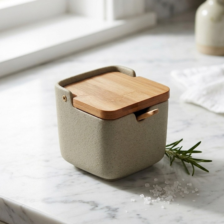 Recipient condimente din ceramica Destello® cu lingura, Usor de utilizat, modern, Gri, 9.3 x 10.5 cm