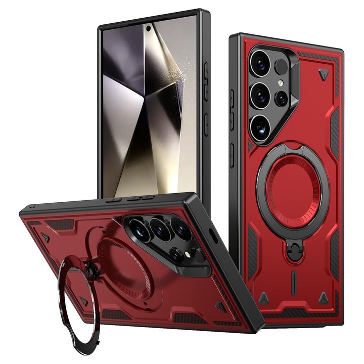 Хибриден брониран калъф MagRing MultiAngle за Samsung Galaxy S25 Ultra, червен