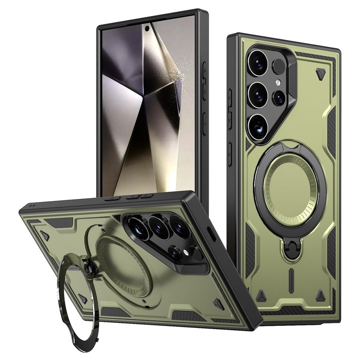 Husa Hybrid Armor MagRing MultiAngle pentru Samsung Galaxy S25 Ultra, Verde Olive