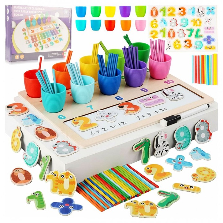 Set educațional Montessori MalPlay, joc de numărat cu 100 betisoare colorate, cupe și tablă magnetică de scris, 3-6 ani