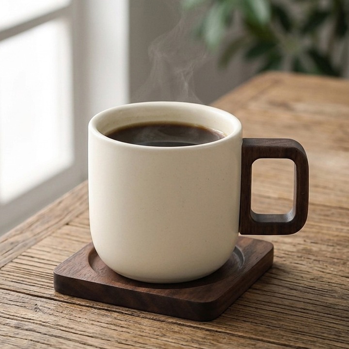 Cana de cafea din ceramica Destello® cu maner patrat, Alb mat cu maner maro, 150ml, 9.5 x 6.5 cm