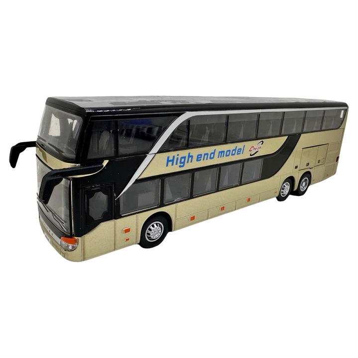 Setra arany emeletes busz fém modell 1:32 turisztikai autóbusz modell nyitható ajtókkal és rekeszekkel, hanggal és fényekkel