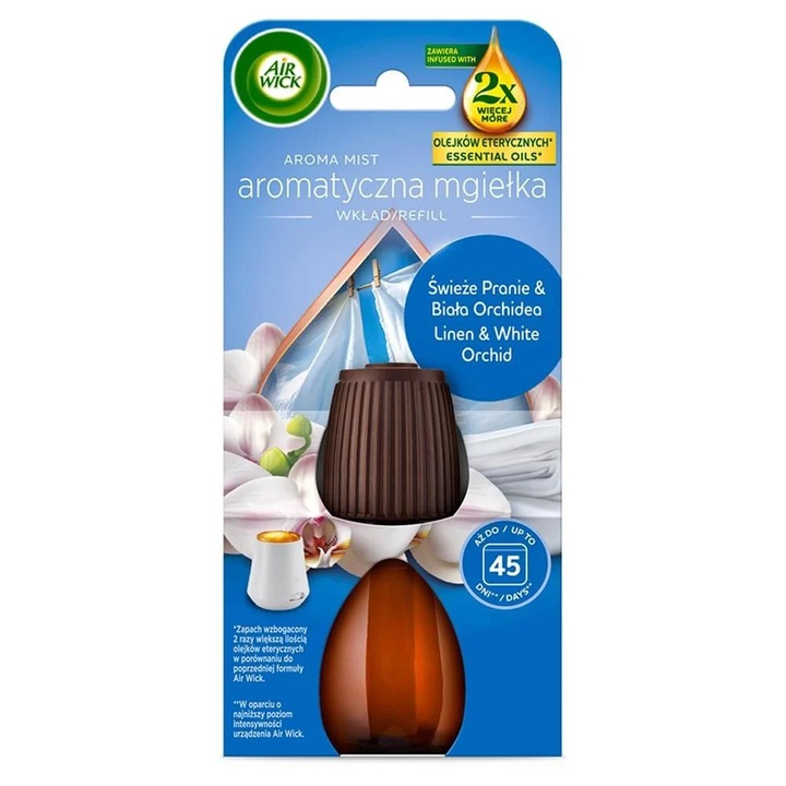 Air Wick szobaillatosító, friss ruha & fehér orchidea utántöltő, 20 ml, 45 nap frissesség, 2x illóolaj