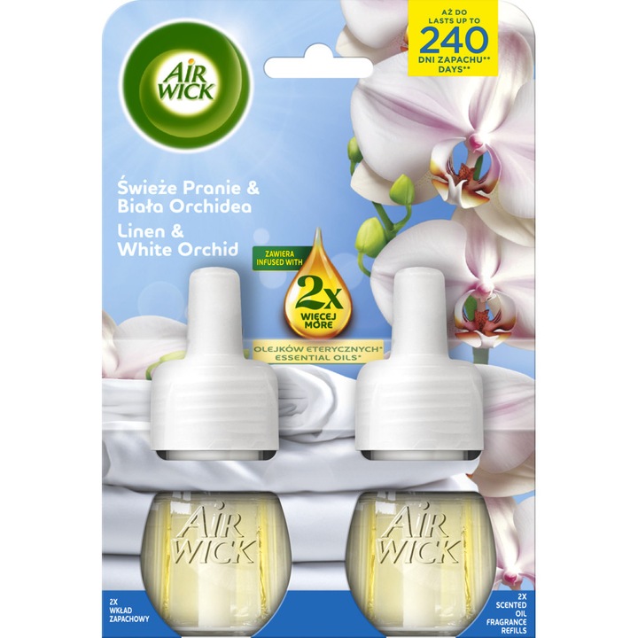 Air Wick szobaillatosító, 2 utántöltő készlet 19ml, Fresh Laundry & White Orchid, 240 nap frissesség