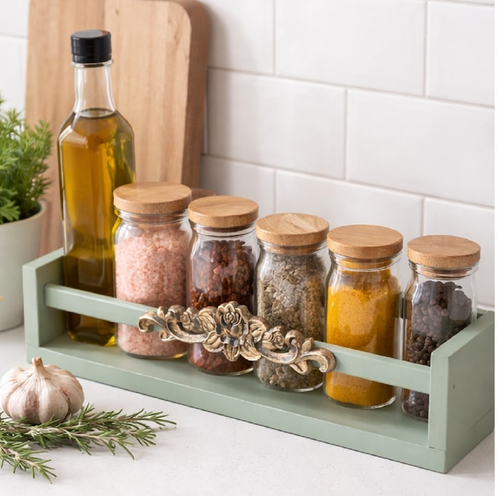 Etajera de culoare verde vintage, cu ornament din lemn pentru bucatarie, lungime 40 cm