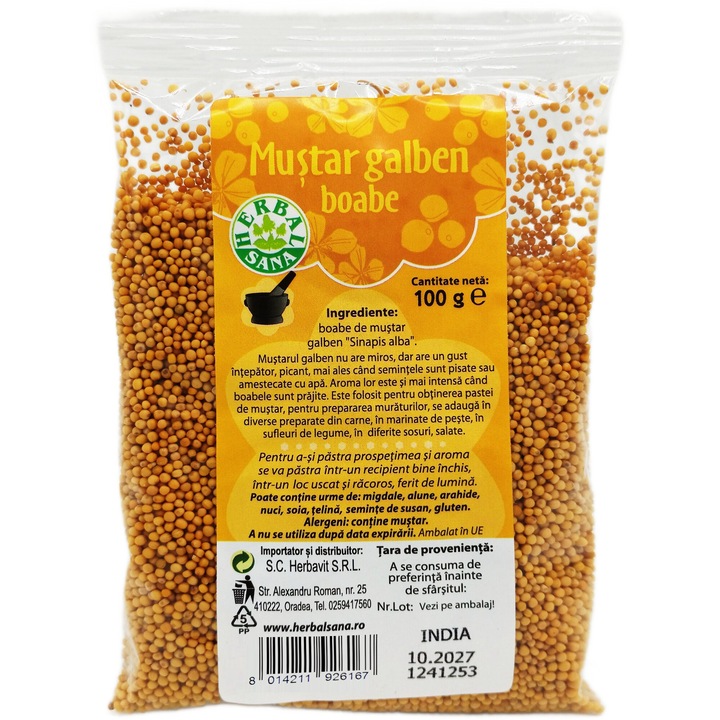 Boabe de Mustar galben, Herbalsana, 100 grame, textură crocantă, utilizare versatilă