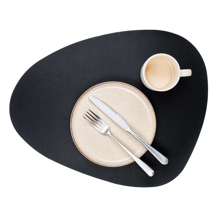 Set 4 suporturi farfurii triunghiulare, Ordino, piele ecologică, anti-alunecare, negru, 44x37cm