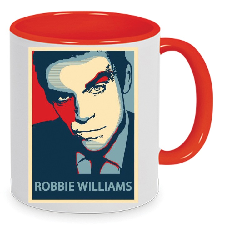 Cana ceramica 330ml Robbie Williams no2, alb cu interior rosu, design rezistent la decolorare, lavabila la masina de spalat.