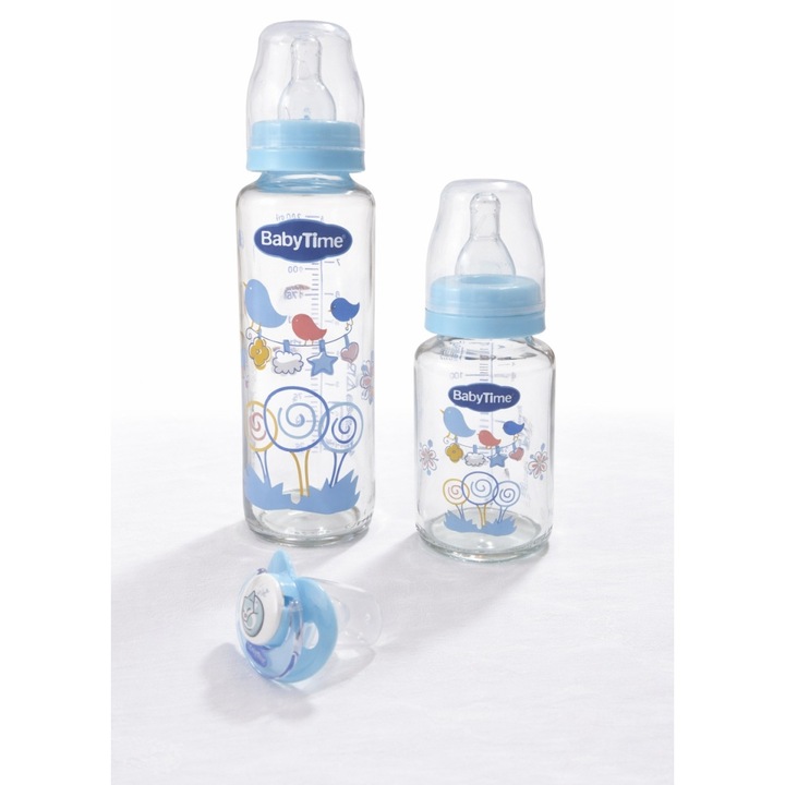 Set biberoane sticlă Baby Time 125ml și 250ml cu suzetă, igienic, ergonomic, 0-3 luni