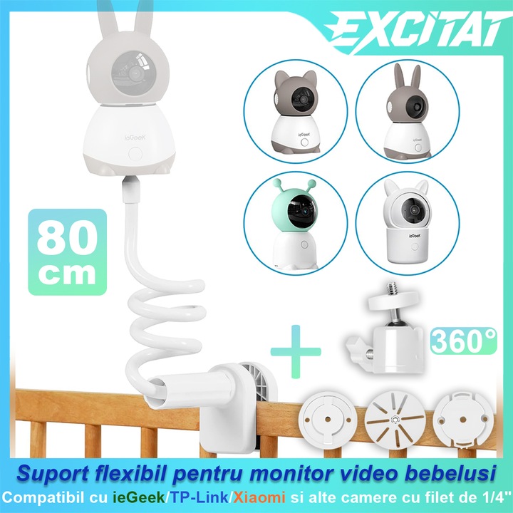 Suport flexibil pentru monitor video bebelusi, Excitat®, compatibil universal cu ieGeek/TP-Link/Xiaomi, set de montaj cu 3 baze, instalare fara gauri, cap pivotant, 80 cm, Alb