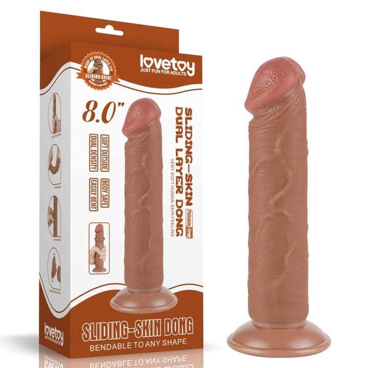 Dildo realist cu ventuză, LoveToy, 20x3, 8cm, maron, tehnologie Sliding Skin
