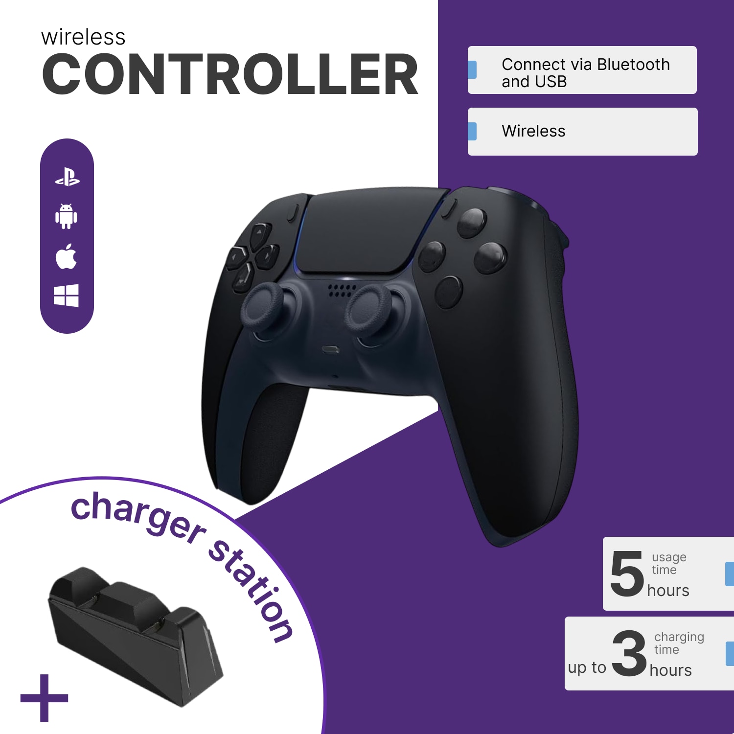 Controller Wireless Dual-Sense pentru PS5/PS4/PS4 PRO/PS4 SLIM, negru, senzor de mișcare, încărcător dual inclus