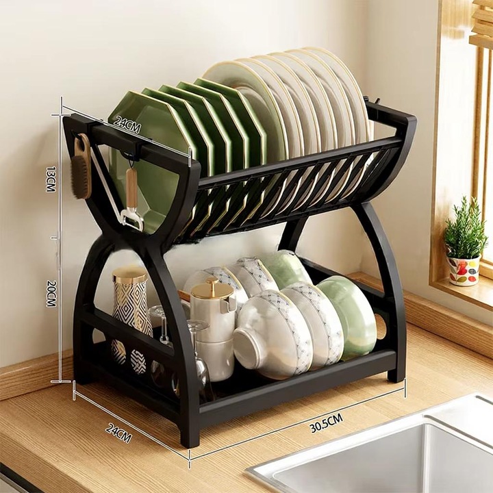 Suport uscător vase, 2 niveluri, metal, negru, 30x33x24cm