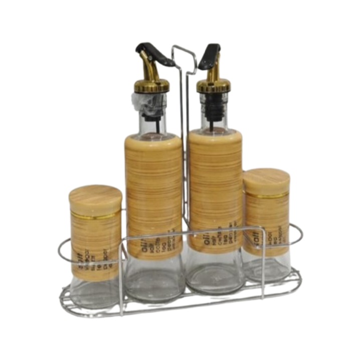 Set 2 Oliviere și 2 Recipiente Condimente cu Suport Metalic, Clini Home, 160 ml, Inox, Design Elegant