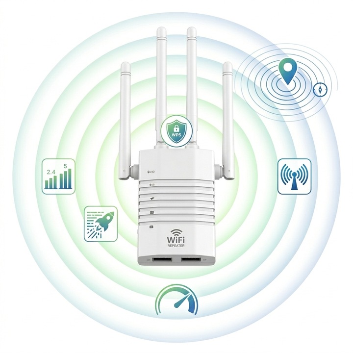 Amplificator Semnal WiFi, N2L Store®, Range Extender Retea WiFi 1200M, 3 Functii Repeater, Mod AP si Router, Transfer 1200MBs, 4 Antene, Retea 2.4 G/5G, Conexiune WEP, WPA si WPA2, Slot LAN, Alb