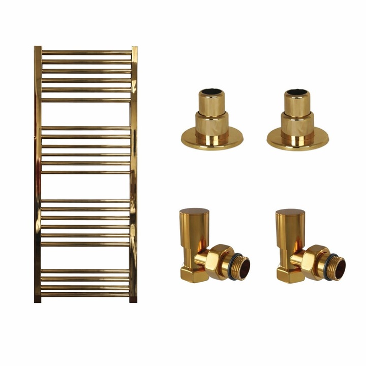 Calorifer portprosop Haiti Gold, auriu, 600/1200, robineti cu prindere in pex inclusi si elemente de acoperire teava