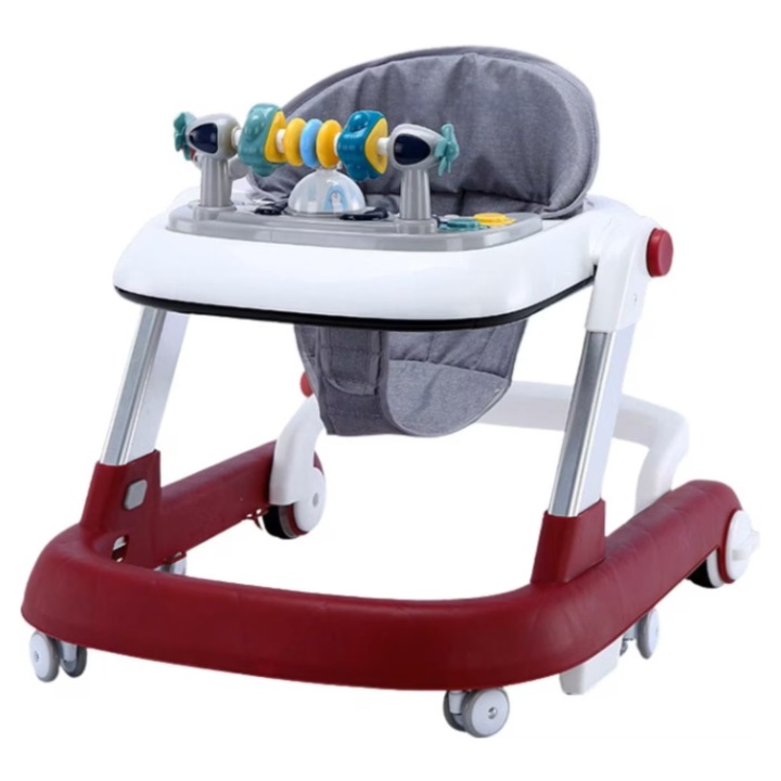 Premergator copii, 2 in 1 reglabil, pliabil, anti cadere, cadru metalic, roti 360 grade, mod antemergator, tavita jucarii cu muzica, rosu