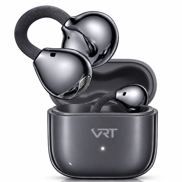 Casti Open-Ear Premium, VeReTech, Clip-On din Silicon, True Wireless, Bluetooth 6.0, High Definition Sound, Music Mode si Game Mode, Control Tactil Intuitiv, Carcasa de Incarcare 300mah, pana la 42 Ore de Functionare, IP55, Negru
